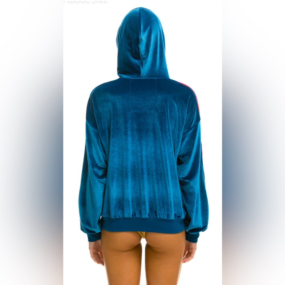 Aviator Nation Teal Velour Hoodie with Red & Yellow Sleeve Stripes - Picture 2 of 5